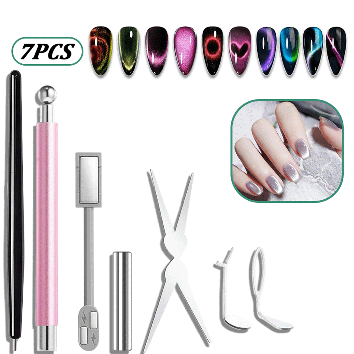 Nail Art Full Color - 7pcs Cat Eye Nail Magnet Set,