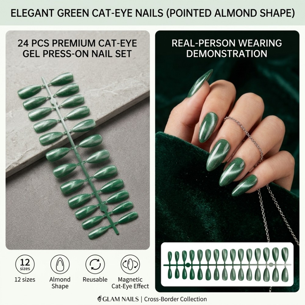 24PCS Short Square Press on Na - Nail Art Extension Cat Eye ulasan dan harga